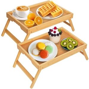 Two Artmeer Bamboo Bed Tray Tables w/ Folding Legs Breakfast Laptop Snack Table